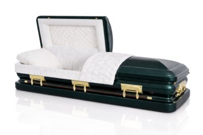 18-gauge steel casket in hunter green with white velvet interior and gold hardware