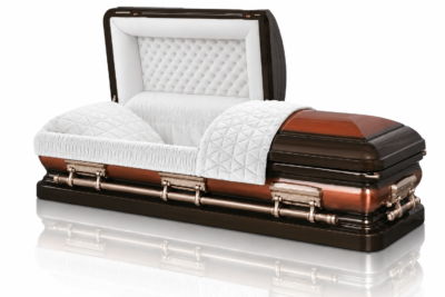NO11PB01 heritage bronze steel casket with white interior and mirror reflection - AI visualisation