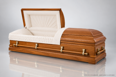 AI visualisation of HY-AC104 poplar wood casket with a honey-brown appearance and mirror reflection; details subject to confirmation