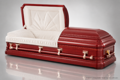 AI visualisation of HY-AC107 poplar wood casket with a cherry-red appearance and mirror reflection; details subject to confirmation