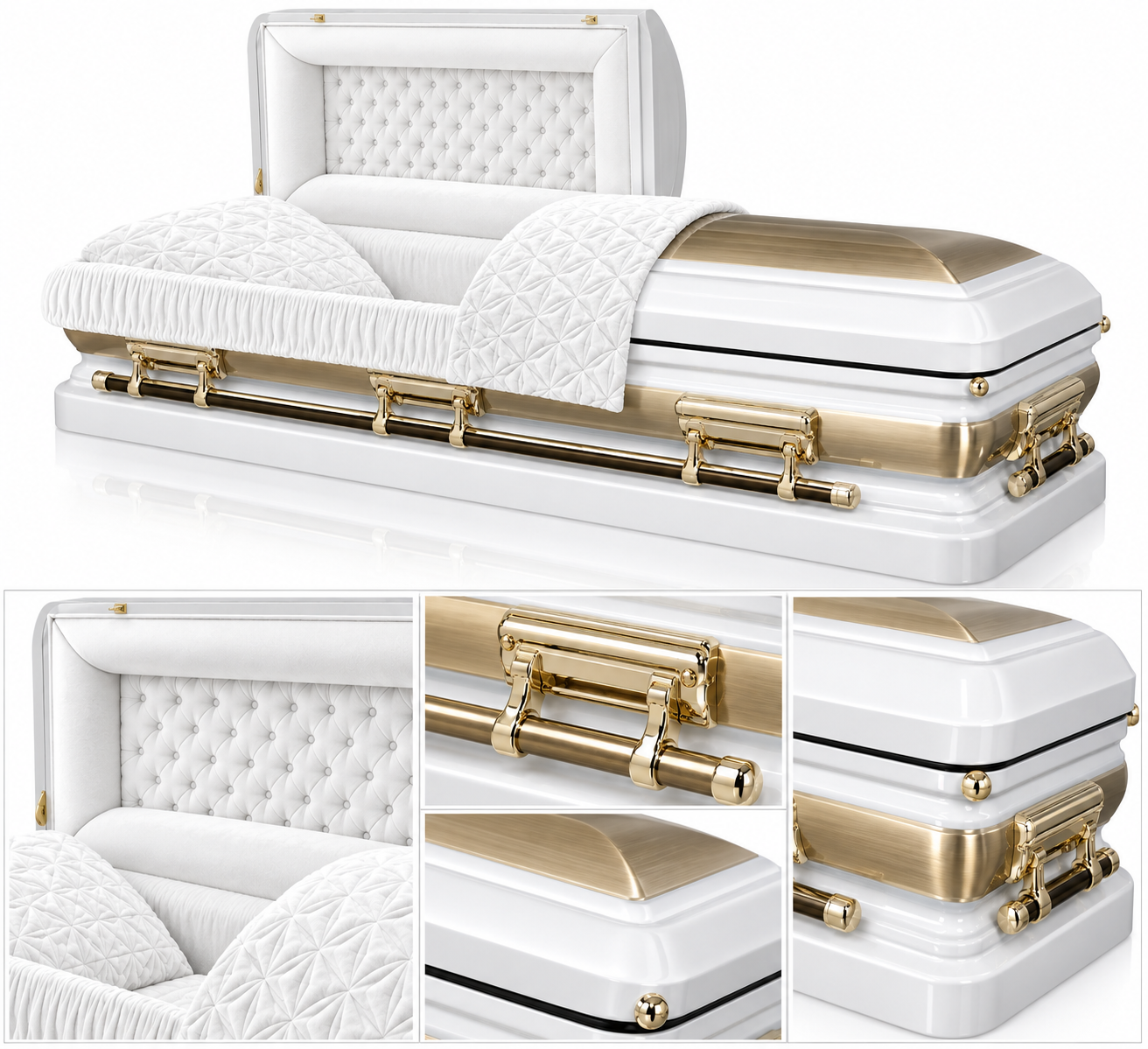 AI detail collage of NO11PB02 antique white and brushed gold casket