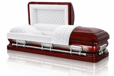 NO11PB03 cherry finish steel casket with white interior and mirror reflection - AI visualisation