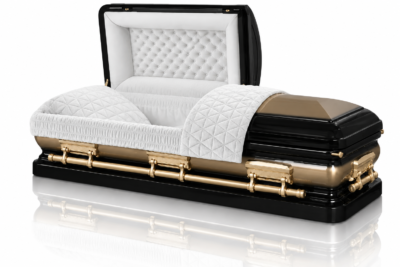 NO11PN01 ebony and Grecian gold steel casket with white interior and mirror reflection - AI visualisation